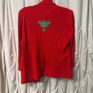 Red Blazer with Green Moth Embroidery